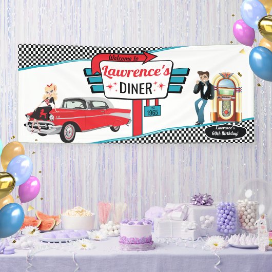 Diner Retro Car Birthday Party Sock Hop Ban uit 19 Spandoek
