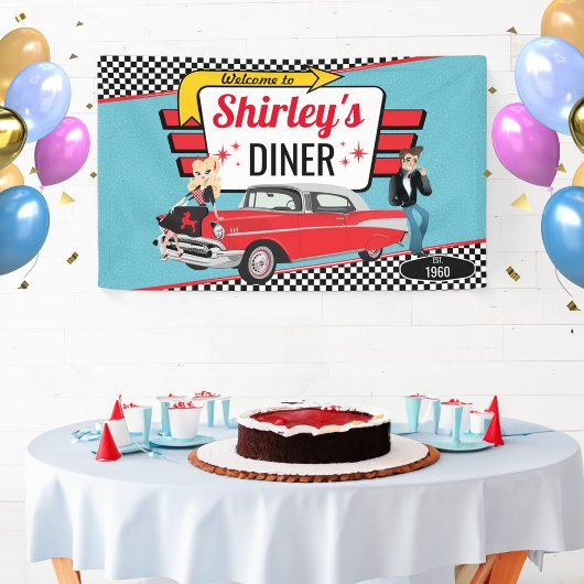 Diner Retro Car Birthday Party Sock Hop Ban uit 19 Spandoek