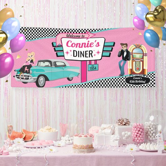 Diner Retro Car Birthday Party Sock Hop Ban uit 19 Spandoek