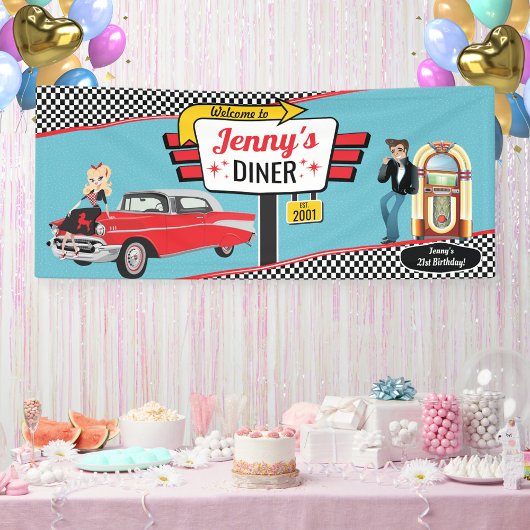 Diner Retro Car Birthday Party Sock Hop Ban uit 19 Spandoek