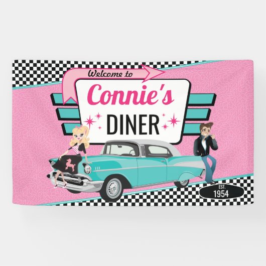 Diner Retro Car Birthday Party Sock Hop uit 1950 Spandoek (Horizontaal)