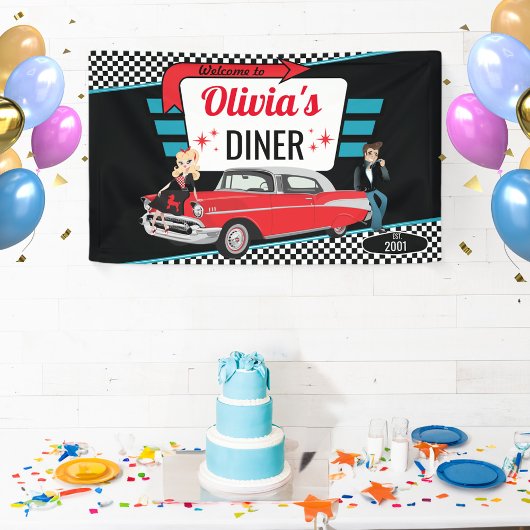 Diner Retro Car Birthday Party Sock Hop uit 1950 Spandoek