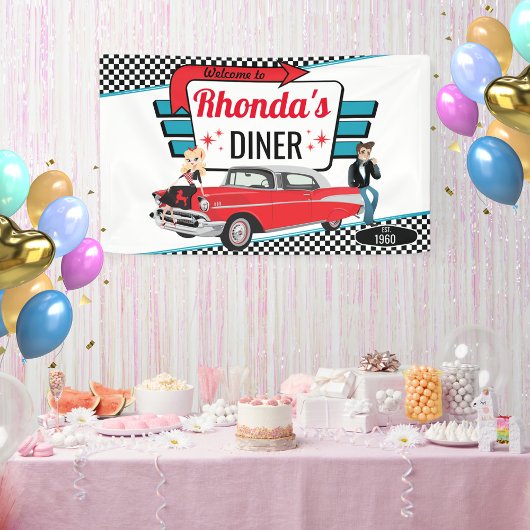 Diner Retro Car Birthday Party Sock Hop uit 1950 Spandoek