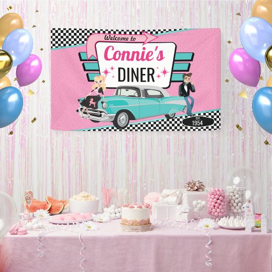Diner Retro Car Birthday Party Sock Hop uit 1950 Spandoek