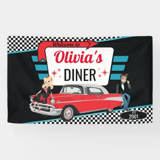 Diner Retro Car Birthday Party Sock Hop uit 1950 Spandoek (Horizontaal)