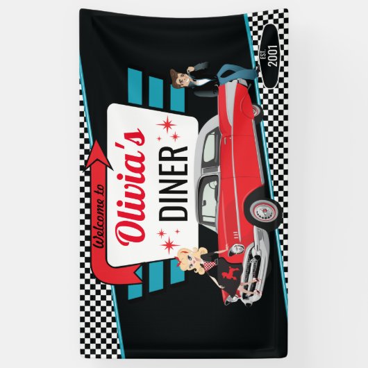 Diner Retro Car Birthday Party Sock Hop uit 1950 Spandoek (Verticaal)