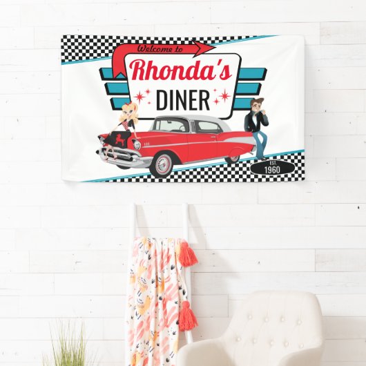 Diner Retro Car Birthday Party Sock Hop uit 1950 Spandoek (Insitu)