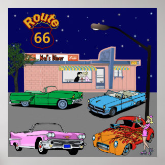 Diner Route 66 en Vintage Cars 1950 Poster