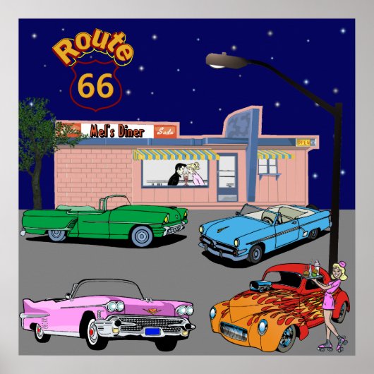 Diner Route 66 en Vintage Cars 1950 Poster (Voorkant)