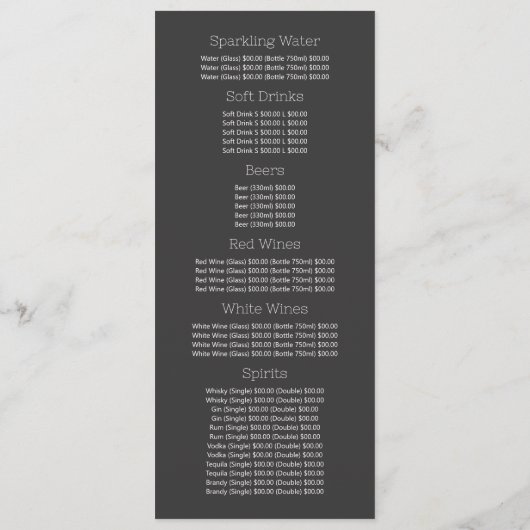 Diner Setting, Restaurant Slimline Menu (Achterkant)