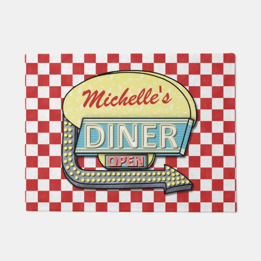 Diner Sign Retro 50s Rood gecontroleerd | Aangepas Deurmat (Voorkant)
