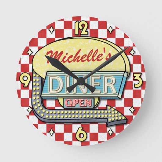 Diner Sign Retro 50s Rood gecontroleerd | Aangepas Ronde Klok (Voorkant)
