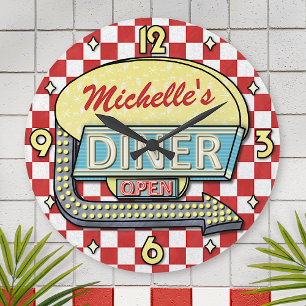 Diner Sign Retro 50s Rood gecontroleerd   Aangepas Ronde Klok
