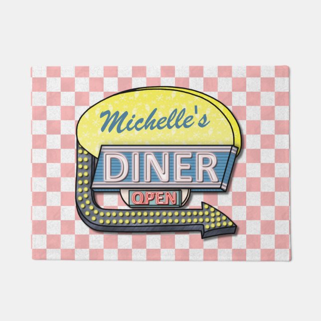 Diner Sign Retro 50s Roze gecontroleerd | Aangepas Deurmat (Voorkant)