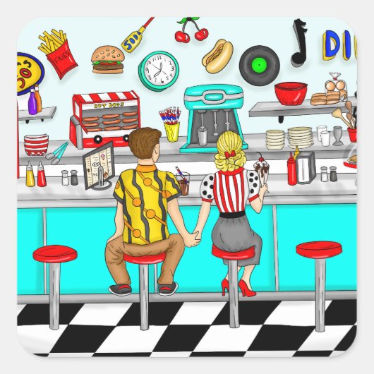 Diner uit 1950 | Handen voor paren Vierkante Sticker (Voorkant)