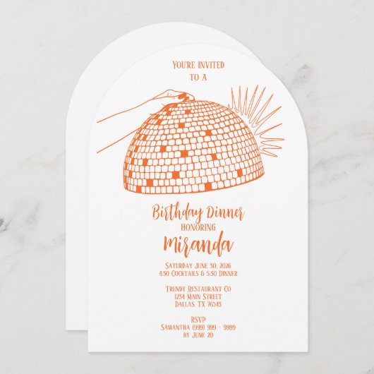 Diner uitnodiging oranje Disco Bal (Voorkant / Achterkant)