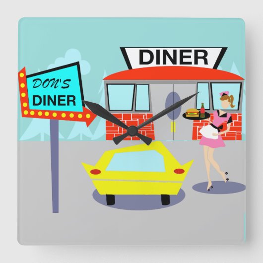 Diner Wall Clock uit 1950 Vierkante Klok (Voorkant)