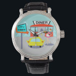Diner Watch uit 1950 Horloge<br><div class="desc">Bedien iets speciaals met de Diner Watch uit 1950. Het tekenontwerp van de cartoon is voorzien van een rood baksteengebouw met blauwe vensters, grijze dubbele deuren en een wit bord dat zegt: "Diner" op het dak. Op de parkeerplaats staat een tweede teken op een stok. Het teken heeft een turquoise...</div>