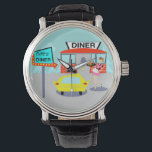 Diner Watch uit 1950 Horloge<br><div class="desc">Bedien iets speciaals met de Diner Watch uit 1950. Het tekenontwerp van de cartoon is voorzien van een rood baksteengebouw met blauwe vensters, grijze dubbele deuren en een wit bord dat zegt: "Diner" op het dak. Op de parkeerplaats staat een tweede teken op een stok. Het teken heeft een turquoise...</div>