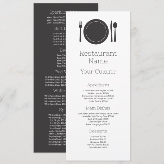 Dinerdecoratie, Restaurant Slimline Menu (Voorkant / Achterkant)