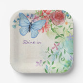 Dineren in, Blue Butterfly Flower Waterverf Papieren Bordje (Voorkant)