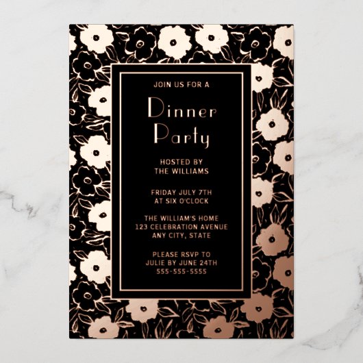 Dinerfeest Nodig Botanisch Zwart Elegant Roos uit Folie Uitnodiging (Voorkant)