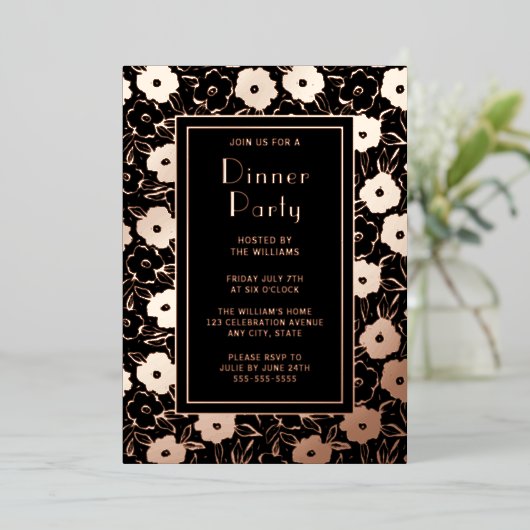 Dinerfeest Nodig Botanisch Zwart Elegant Roos uit Folie Uitnodiging (Staand Voorkant)