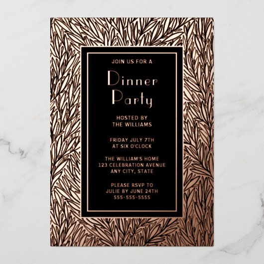 Dinerfeest Nodig Botanisch Zwart Elegant Roos uit Folie Uitnodiging (Voorkant)