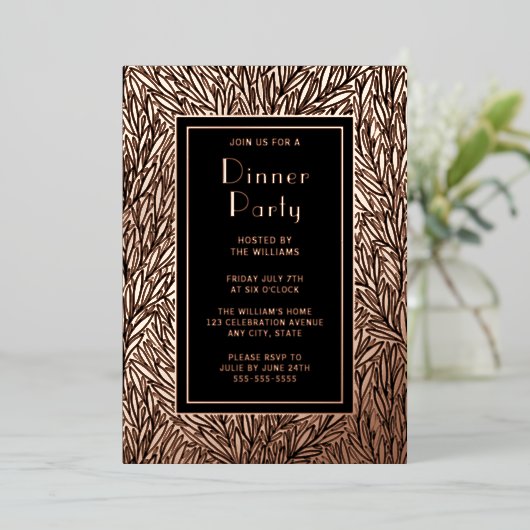 Dinerfeest Nodig Botanisch Zwart Elegant Roos uit Folie Uitnodiging (Staand Voorkant)