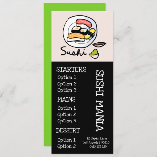 dinermenu van het Japanse restaurant Sushi Menu (Voorkant / Achterkant)