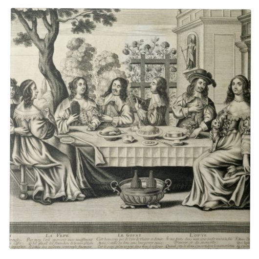 Diners op een terras met een formele tuin hieronde tegeltje (Voorkant)