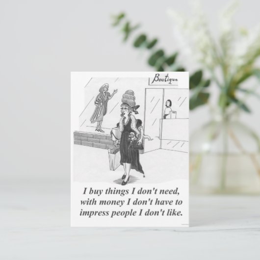 Dingen kopen, winkeldame briefkaart (Staand voorkant)