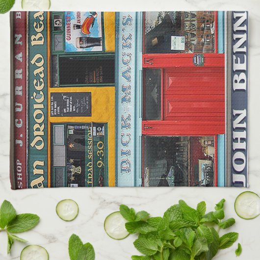 Dingle Pubs Collage, Iers, Tea Towel, Ierland Theedoek (Gevouwen)