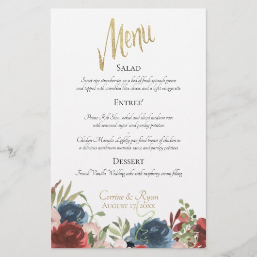Dinner Menu Berichten en Blauwe Floral Weddenschap (Voorkant)