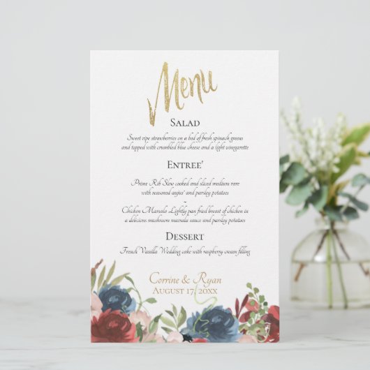 Dinner Menu Berichten en Blauwe Floral Weddenschap (Staand voorkant)