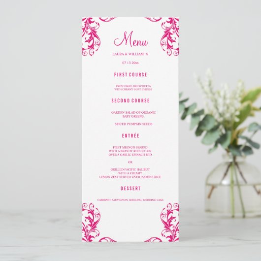 Dinner Menu-kaarten voor bruiloft | Fuchsia Damask Menu (Staand voorkant)