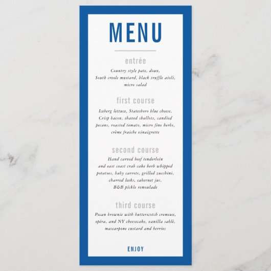 DINNER MENU modern blok koningsblauw (Voorkant)