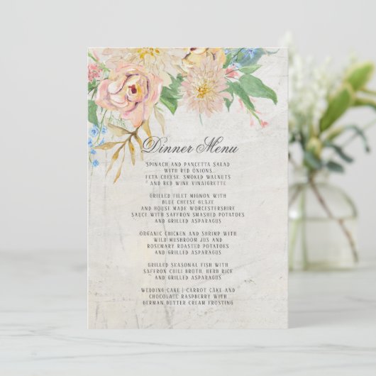Dinner Menu Summer Waterverf Blush Floral Foliage (Staand voorkant)