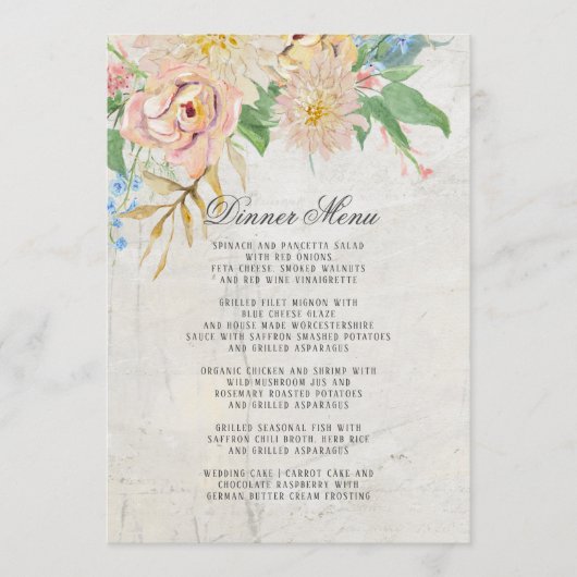 Dinner Menu Summer Waterverf Blush Floral Foliage (Voorkant)