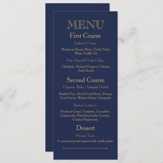 Dinner-menukaart voor bruiloft met donkerblauwe kl menu (Voorkant / Achterkant)