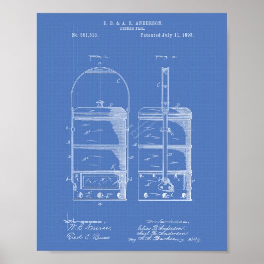 Dinner Pail 1893 Patent Art Blueprint Poster (Voorkant)