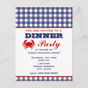 Dinner Party Blue Gingham & Crab Kaart