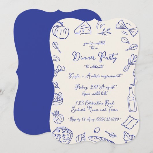 Dinner party hand drawn invitation kaart (Voorkant / Achterkant)