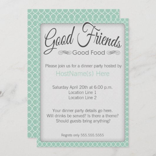 Dinner Party Invitations in Mint Kaart (Voorkant / Achterkant)