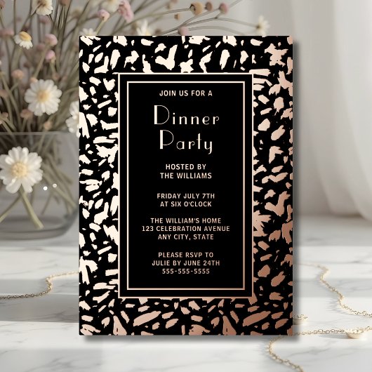 Dinner Party Nodig Artistic Black Elegant Roos uit Folie Uitnodiging