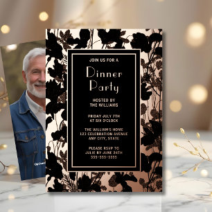 Dinner Party Nodig Artistieke Zwarte Elegante Bloe Folie Uitnodiging