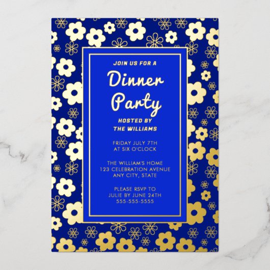 Dinner Party Retro Leuke Bloemen Viering Folie Uitnodiging (Voorkant)