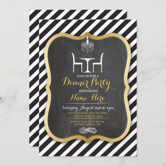 Dinner Party Stripe Gouden Verjaardag Uitnodiging (Voorkant / Achterkant)