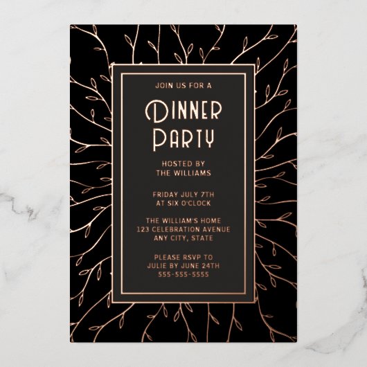 Dinner Party Uitnodiging Zwart Elegante Bloemen (Voorkant)