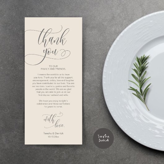 Dinner Place setting Bedankt, Modern Script Kaart